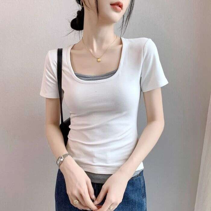 Fake Two-Piece Color-Block Regular Shoulder Short Sleeve T-Shirt For Women Summer New Design Slim Fit U-Neck Base Shirt B5