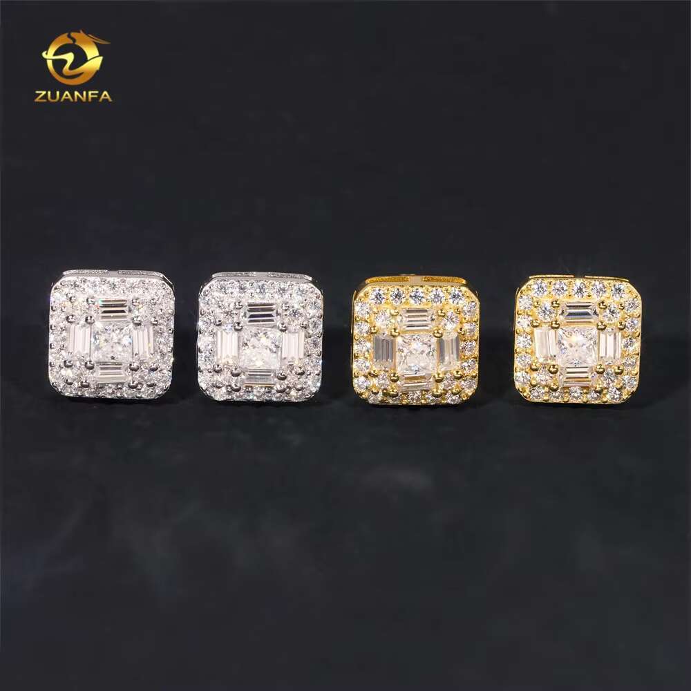 GRA Certificate Hip Hop Screw Back Iced Out Moissanite 925 Sterling Silver Square Mens Diamond Earrings