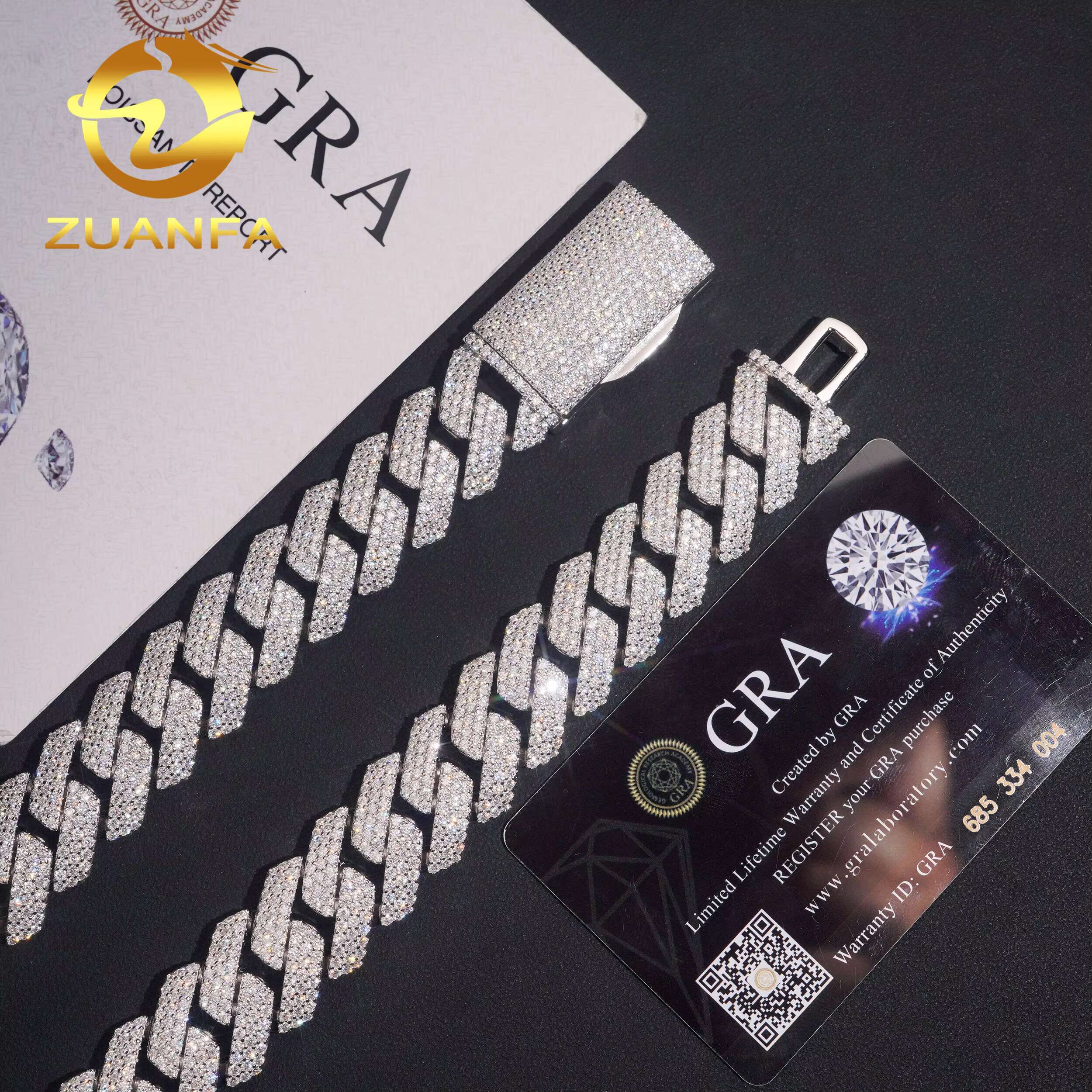 Hip Hop Jewelry 15MM Moissanite Cuban Chain 925 Silver Iced Out 3 Row Miami Cuban Link With GRA Certificate