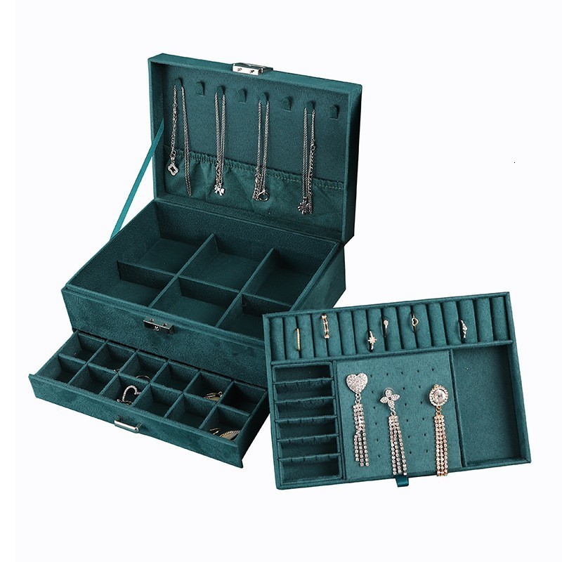 Suede Velvet Dark Green Three-Layer Jewelry Box Large Capacity Necklace Ring Jewelry Storage Box Drawer Style Jewelry Box