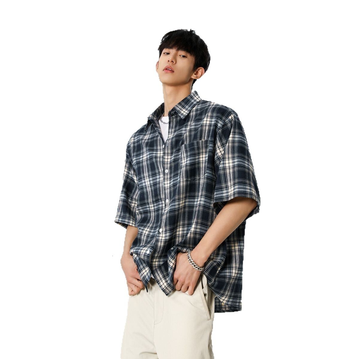 Vintage Street Plaid Short Sleeve Shirt For Men And Women Summer Trendy Youth Cleanfit Loose Casual Designer Short Sleeves Shirt Jacket