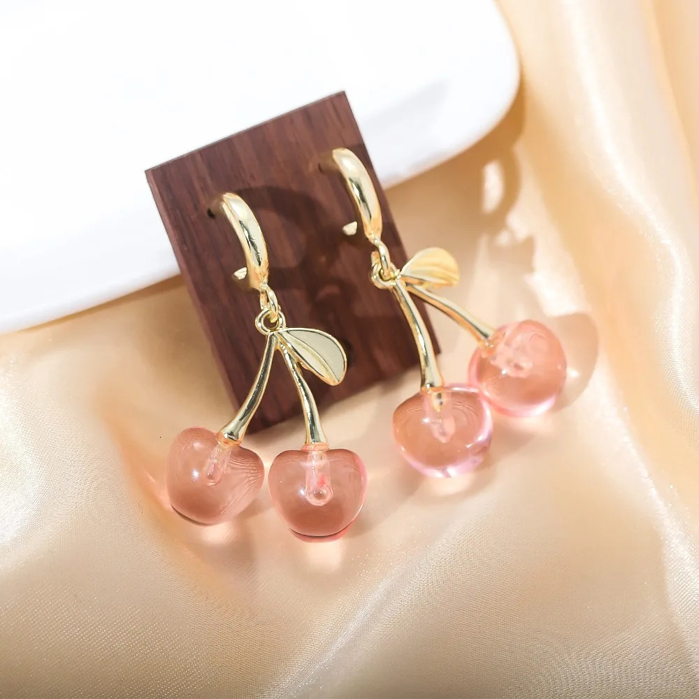 Sweet Cherry Leaf Earrings Summer Red Transparent Cherry Fruit Fashion Dangle Earrings for Women Wedding Party Jewelry Gift 250701