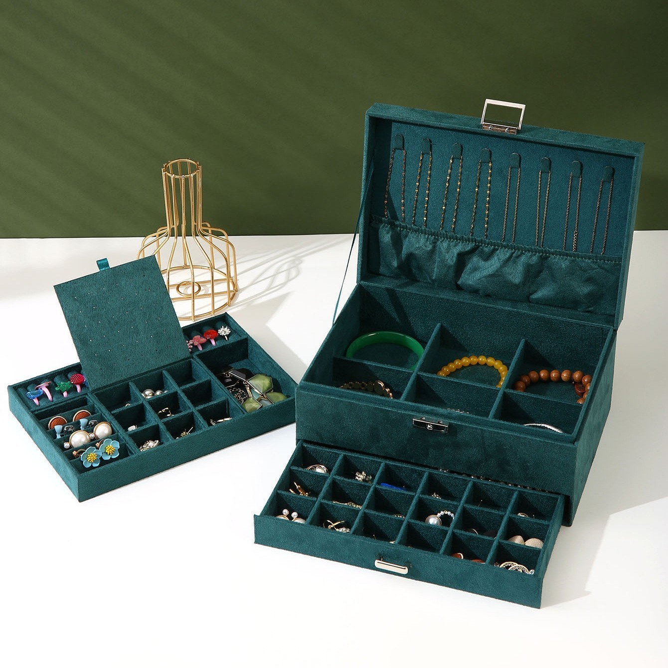 Suede Velvet Dark Green Three-Layer Jewelry Box Large Capacity Necklace Ring Jewelry Storage Box Drawer Style Jewelry Box