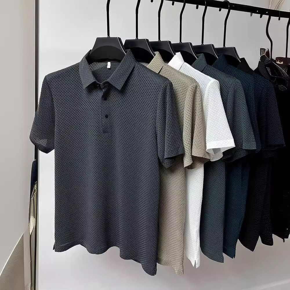 High-end Mesh Ice Silk Short-sleeve T-shirt Men's Shirt Collar Summer Solid Designer Short Sleeves Color Paul Smooth Material Polo Shirt Half-sle