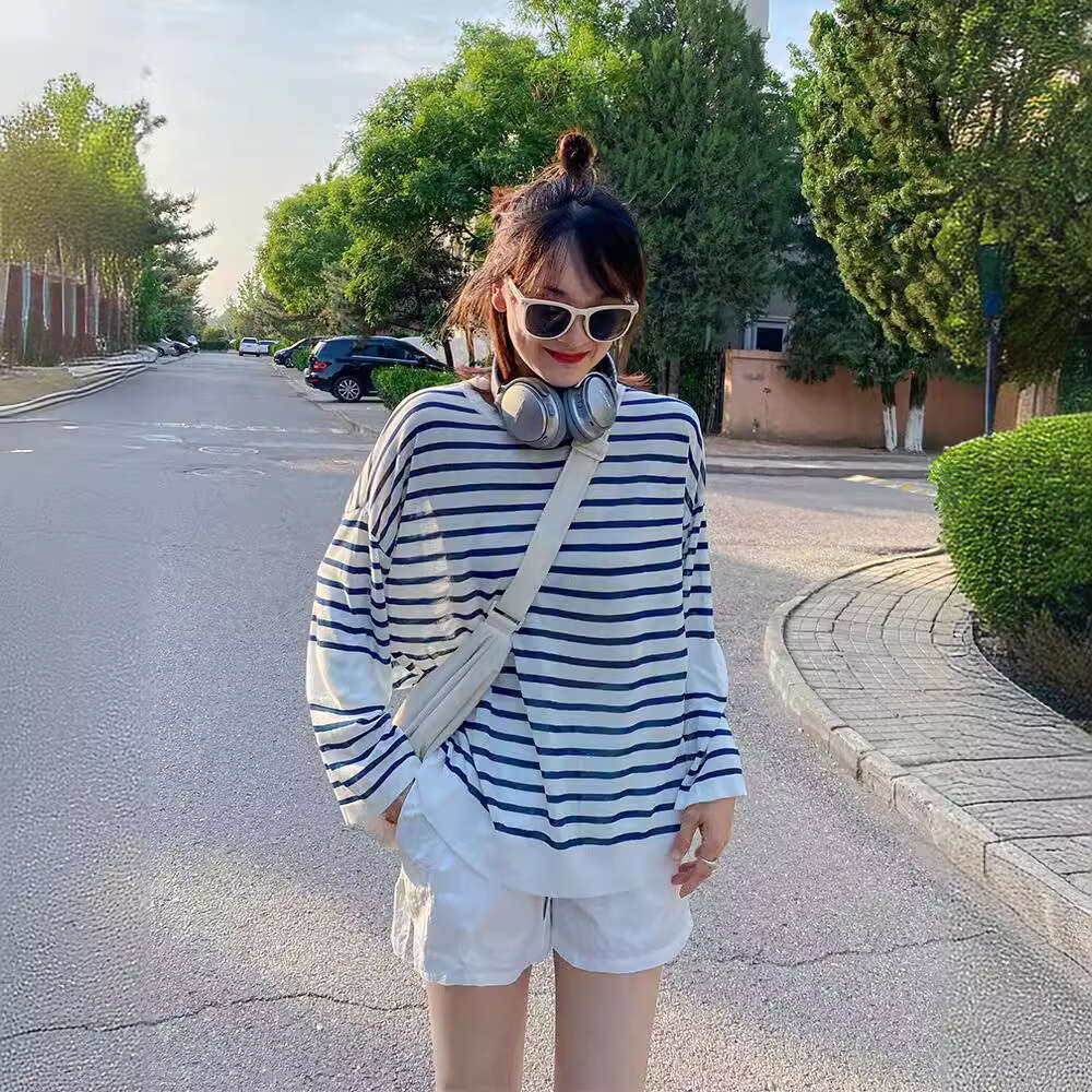 Korean Spring New Round Neck Striped Loose Plus Size Thin Wool Knit Sweater Women Long Sleeve Knitwear B5