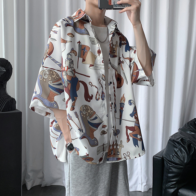 Short Sleeve Shirt Men Hong Kong Style Retro Designer Short Sleeves Print Shirt Summer Thin Draped Cool Casual Half Sleeve Top Jacket Trendy