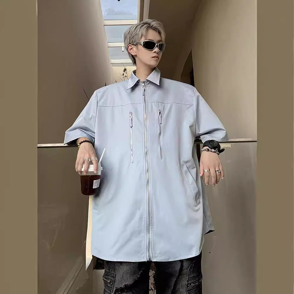 Sky Blue Fishbone Invisible Shoulder Pad Short Sleeve Shirt Design Sense High-end Cleanfit Street Style Half Designer Short Sleeves Sleeve Shirt For M