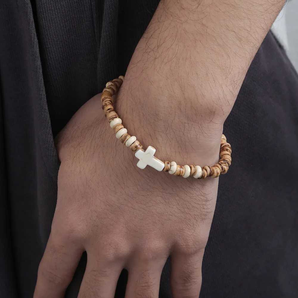 Bohemian Coconut Shell Wood Chips Cross Bracelet For Men Retro Handmade Beaded Jewelry Fashion Accessories Gifts XJ250707