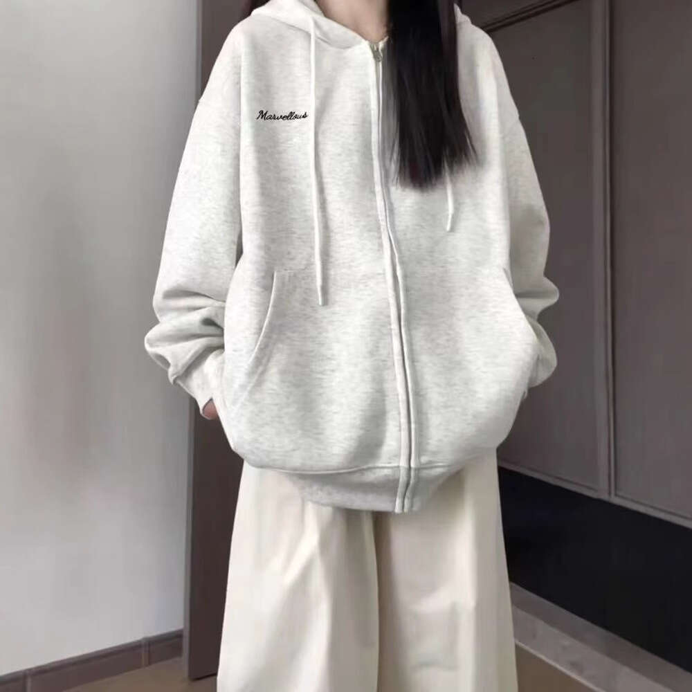 Gray American Style Sweatshirt Women Spring New Loose Casual Cardigan Hooded Jacket For Petite Trendy Brand B5