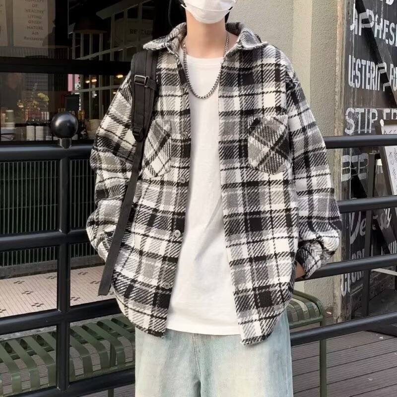 Woolen Plaid Lapel Jacket Men Hong Kong Style City Boy Shirt Jacket Spring Autumn Loose Designer Short Sleeves Versatile Youthful Shirt