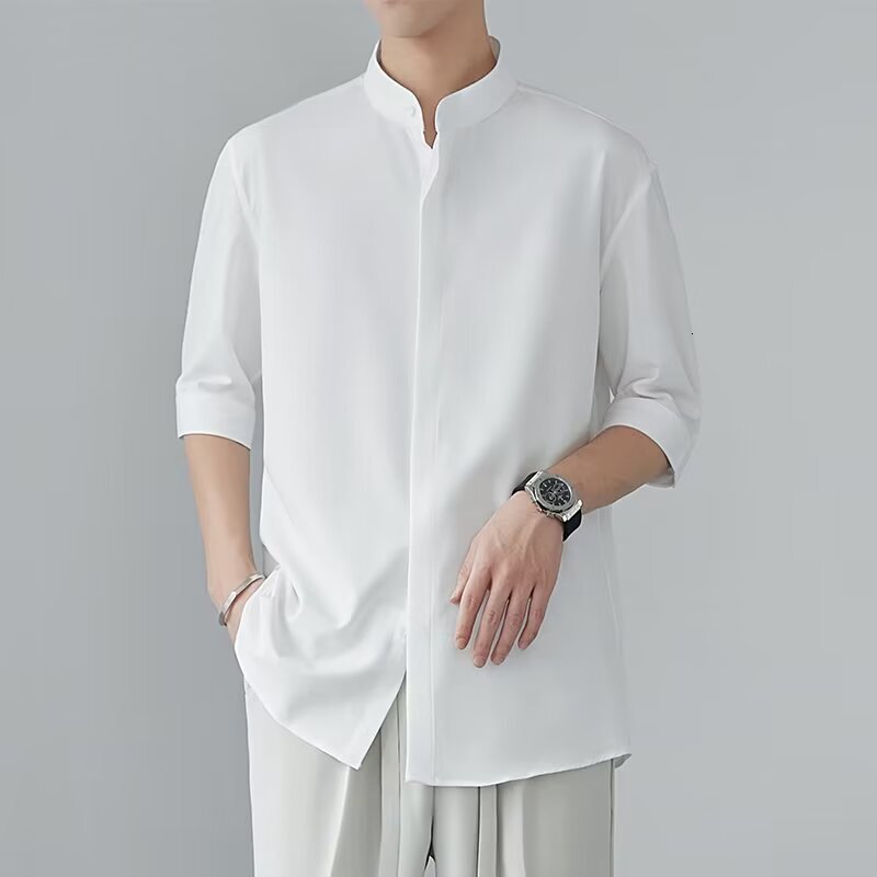 New Chinese Style Stand Collar Short Sleeve Shirt For Men, Early Designer Short Sleeves Autumn New Niche Shirt With High-end Feel, Ice Silk Draped Mid