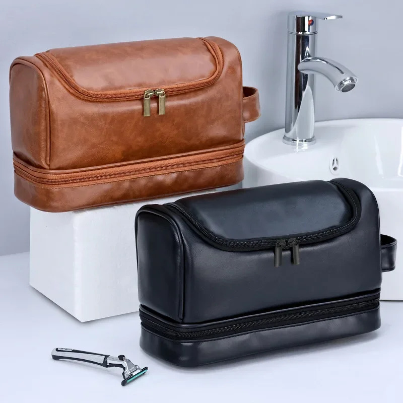 Hanging Makeup Bag Large Capacity PU Leather Wash Bag Double layered Mens cosmetic bag travel essentials organizer 250701