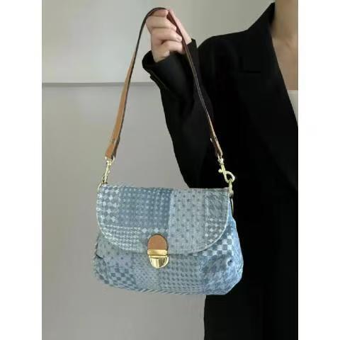 Designer Jeans Vintage Houndstooth Pattern Women 's Shoulder Flap Zipper Denim Handbag Underarm Bag Shopper Tote H6.21#38.4 ddmythur
