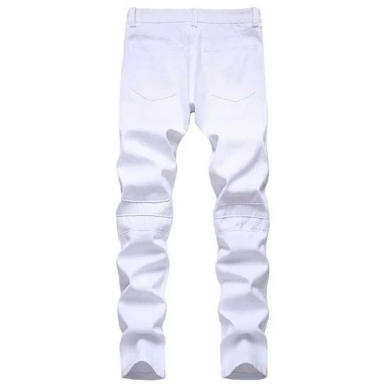 New Mens Slim Jeans White Motorcycle Trendy Casual Patchwork Denim Trousers Fashion Tight Folding Male Pants (without Belt) XJ250707