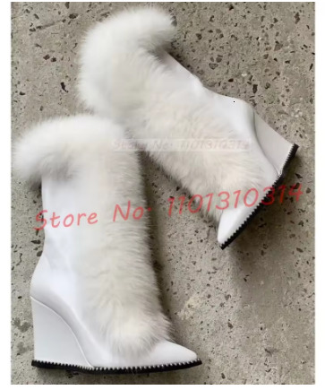 Fur Pointy Wedge Ankle Boots Ladies Newest Beige Rive Trim Lace-up Suede Heels Boots Women Luxury Stylish Big Size Furry Shoes