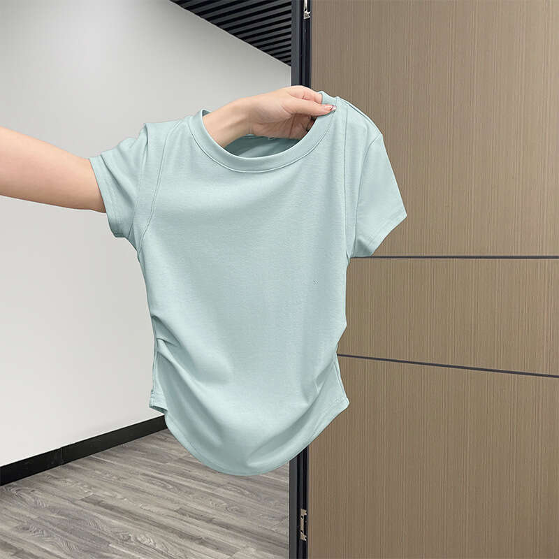 Lake Green Regular Shoulder Short Sleeve T-Shirt For Women Summer Style Ruched Slim Fit Versatile Irregular Top B5
