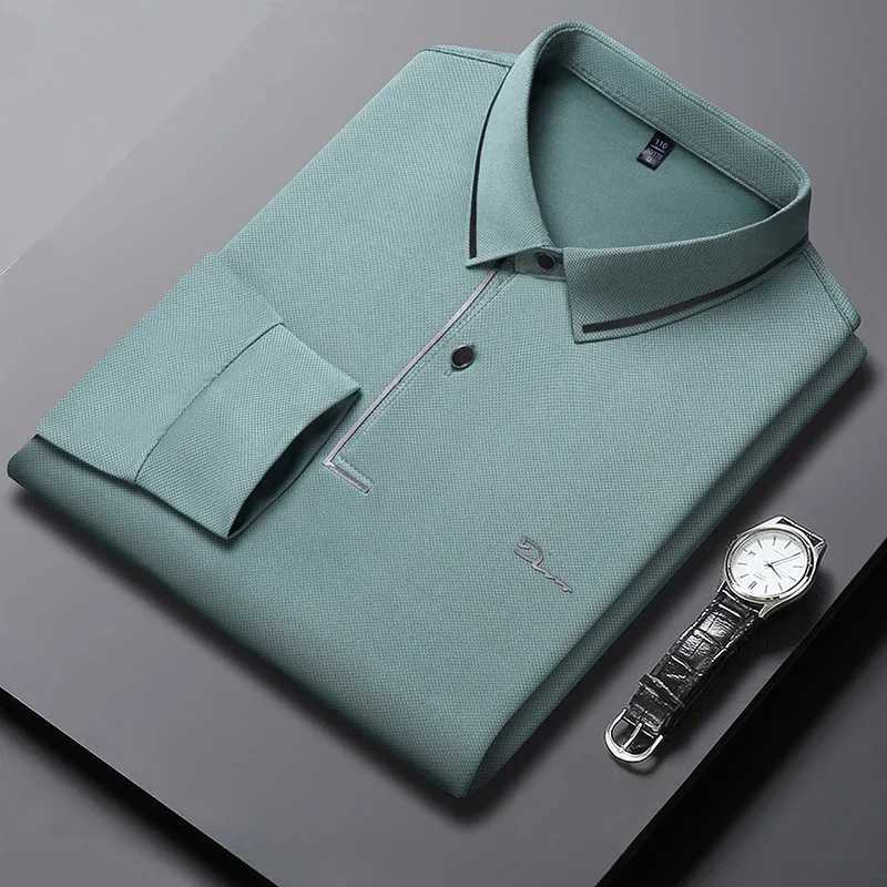 New Mens Business Casual Long Sleeved Shirt with Badge Solid Color Polo Shirt Fashionable Breathable Comfortable Versatile Top Y250708 Y250708