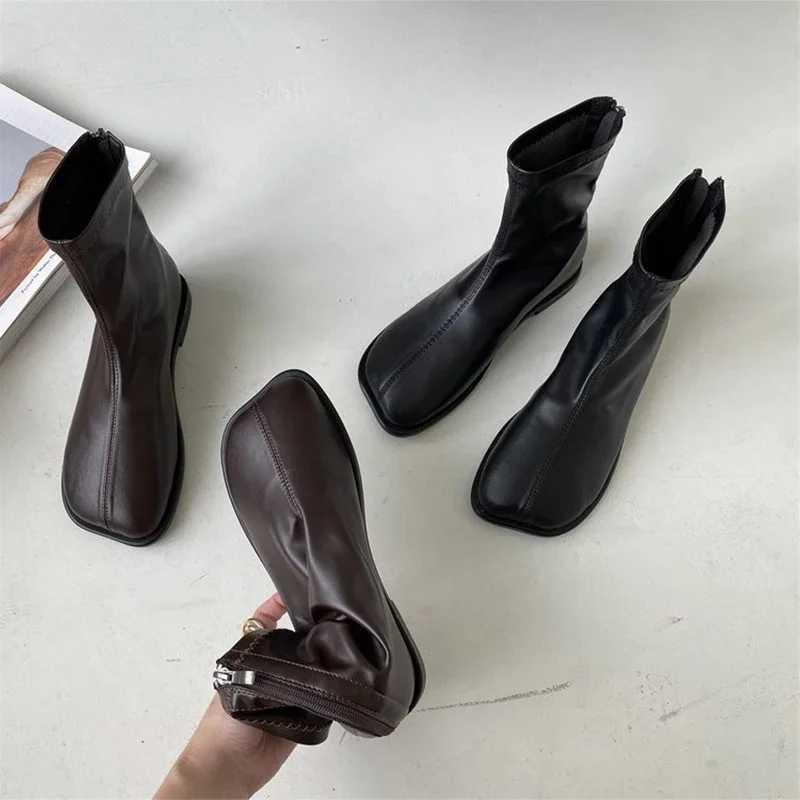 Women Leather Ankle Boots Flats Square Toe Designer Shoes Trend New Snow Boots Walking Goth Chelsea Boots Zip Female Shoes XJ250807