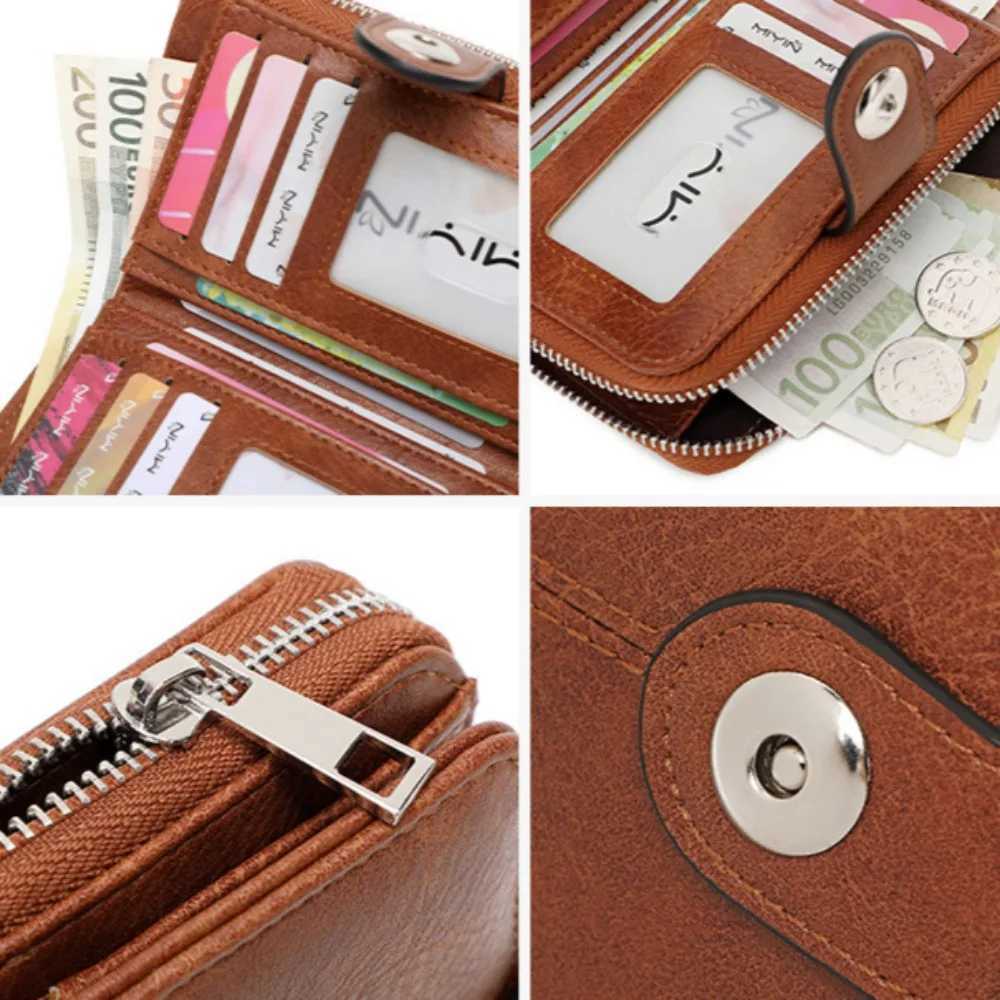 RFID Vintage Short Wens Wallet Multi-card Slot Two-fold Zipper Card Holder Coin Purse Solid Color Premium Texture Zip Clasp Y250707