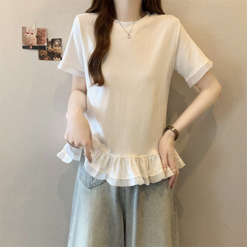 Plus Size Design Sense Right Shoulder Ruffle Short Sleeve T-Shirt For Women Summer Style Age-Reducing Slimming Versatile Niche Top B5