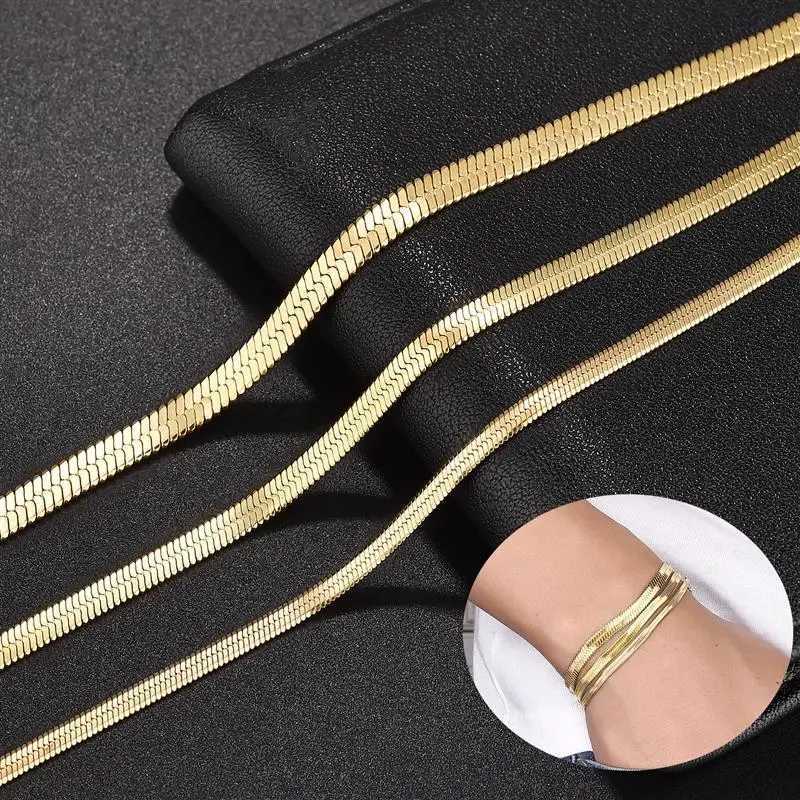 3/4/5mm Gold Plated Stainless Steel Flat Bracelet Waterproof Filmy Snake Chain for Men Women Classic Bracelets Jewelry XJ250707
