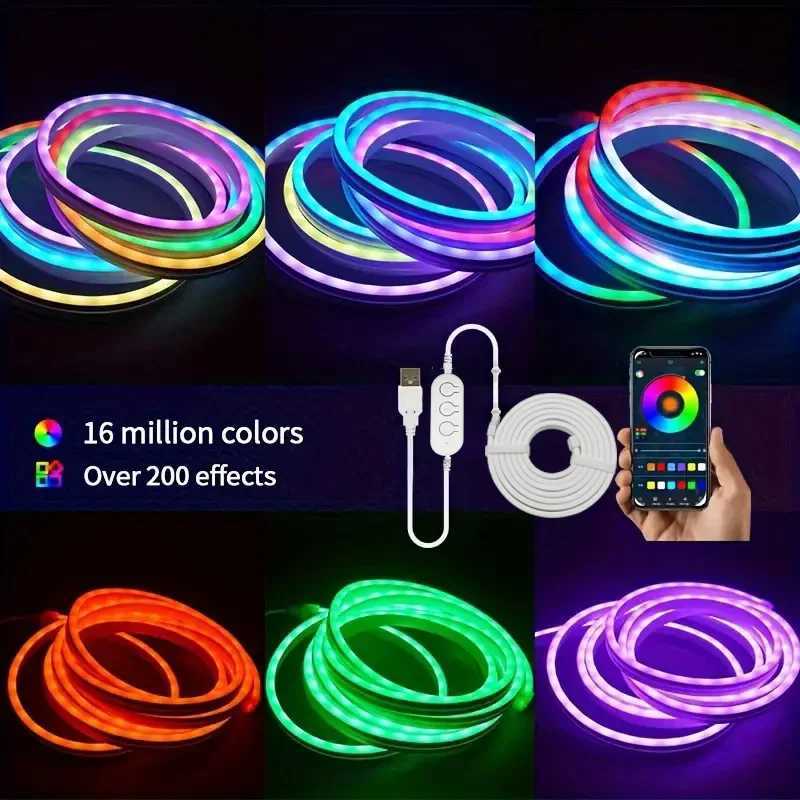 RGBIC Neon Strip Lights 5V Silicone Neon Rope LED Light Bluetooth APP with Music Sync Dreamcolor Chasing Strip Tape for Room W250701