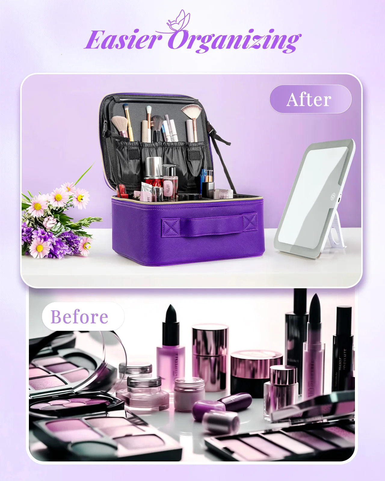 Makeup Bag With Mirror lampTravel Waterproof Necessary Beauty Brush Embroidery Tool Storage Cosmetic Case Portable Makeup Box 250701