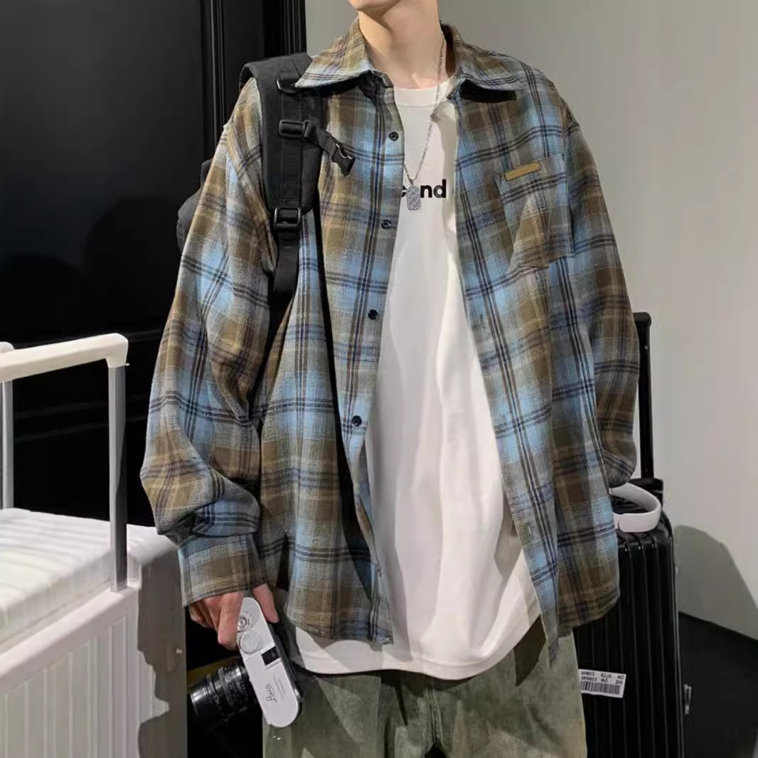 Designer Short Sleeves American Retro Color-block Plaid Long Sleeve Shirt For Men 2025 Spring And Autumn New Trendy Brand Versatile Loose Shirt Jacket