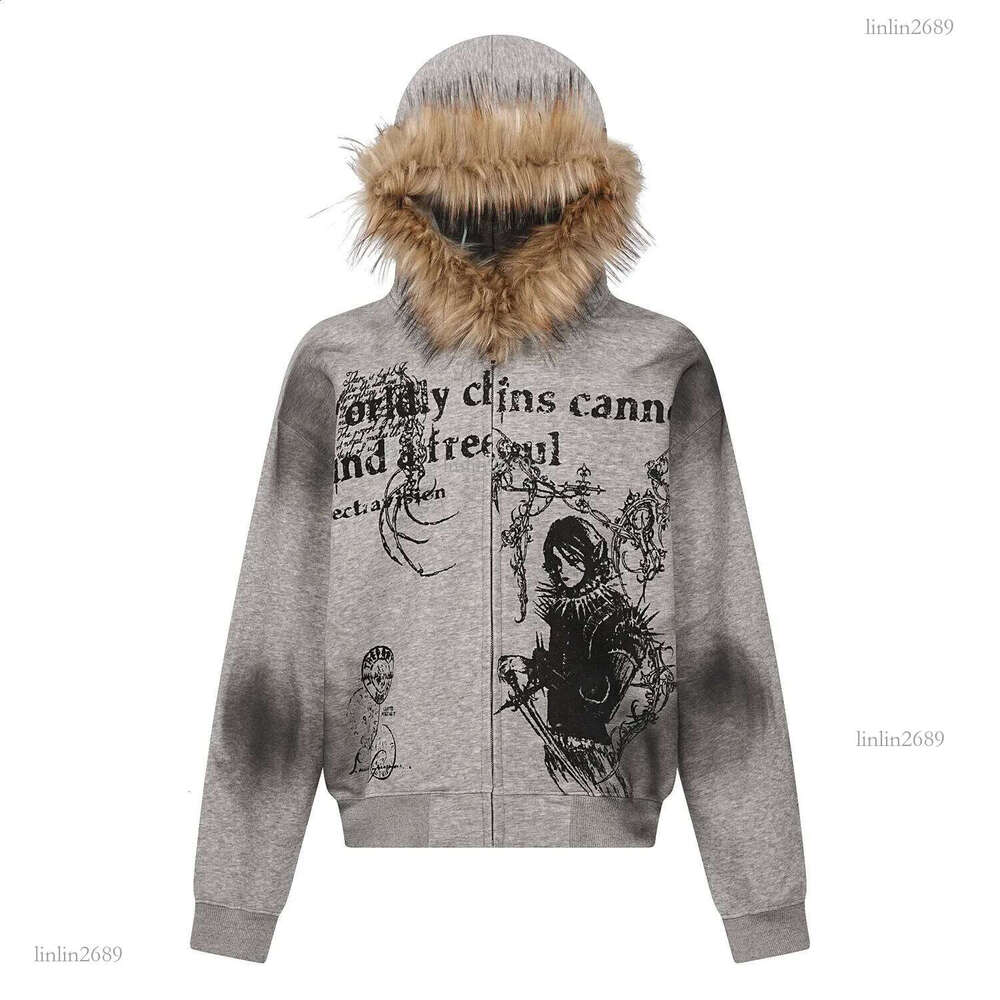 2025 Street fashion Winter personality print zipper hoodie for men Y2k Harajuku vintage fur collar warm loose jacket 250102