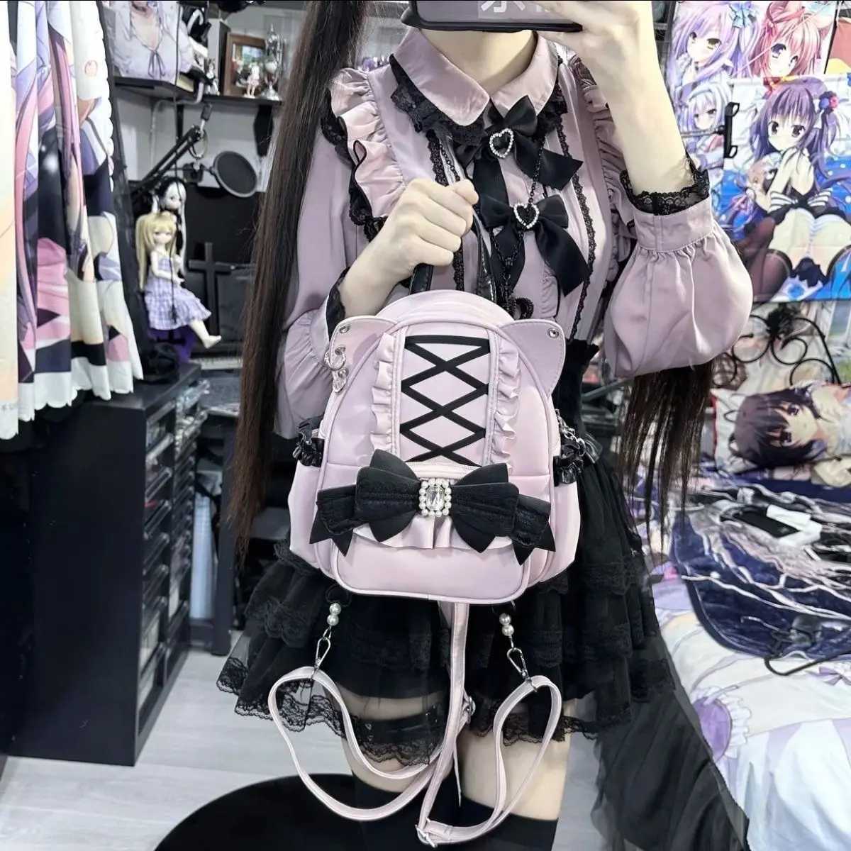 Korean Fi Y2k Punk Backpack Lace Bow Ear Lotus Lace Decorati Lolita Backbag PU Leather Large Capacity Wen Backpack Y250707