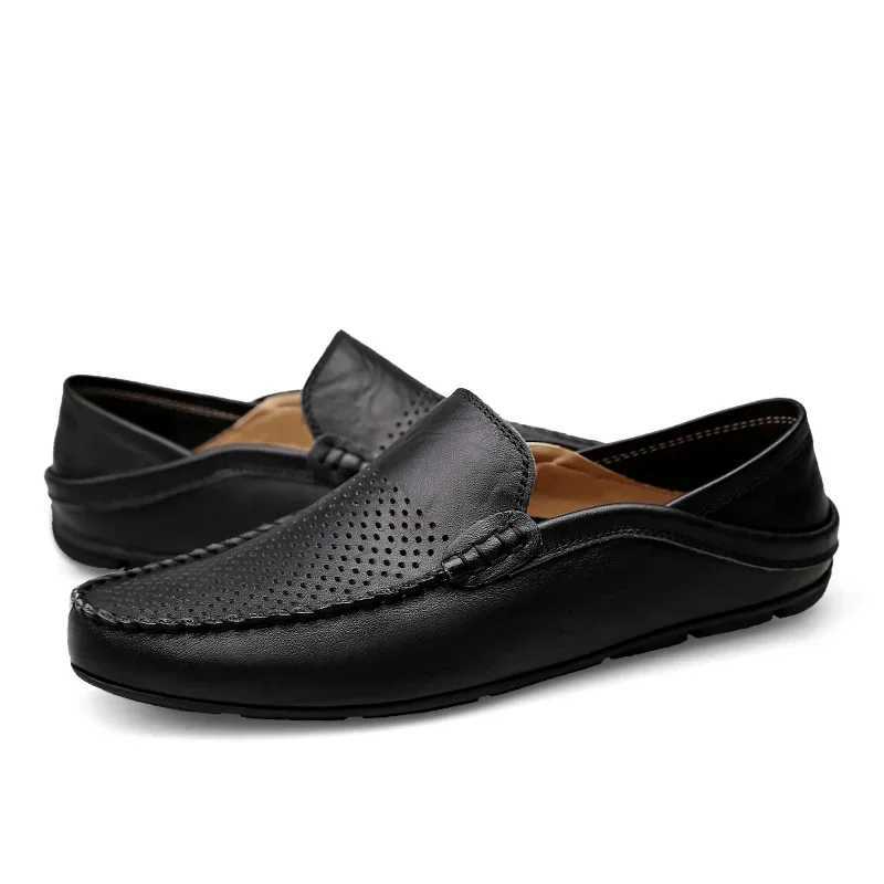 Summer Men Casual Shoes Leather Breathable Slip on Boat Shoes Italian Luxury Brand Mens Driving Loafers Size 37-47 Y250707