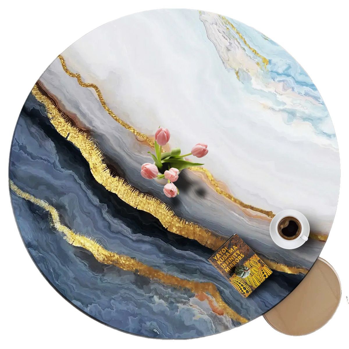 Marble pattern round all-inclusive table cover tablecloth printed dining table round tablecloth dustproof and waterproof elastic dining P5MM01