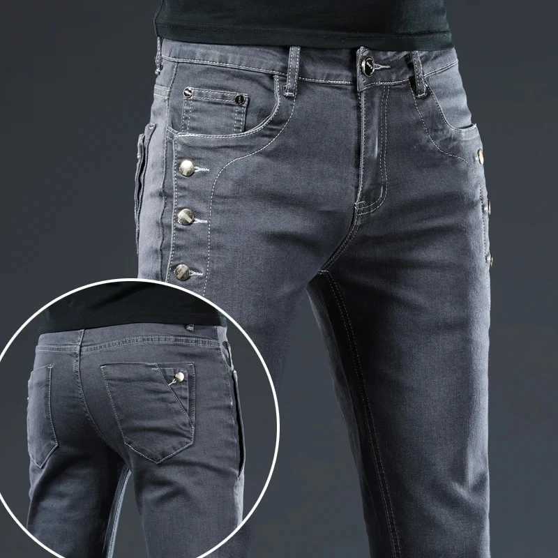 2024 New Mens Cotton Classic Youth Slim Jeans Motorcycle Trendy Multi-button Stretch Straight Skinny Denim Trousers Male XJ250707