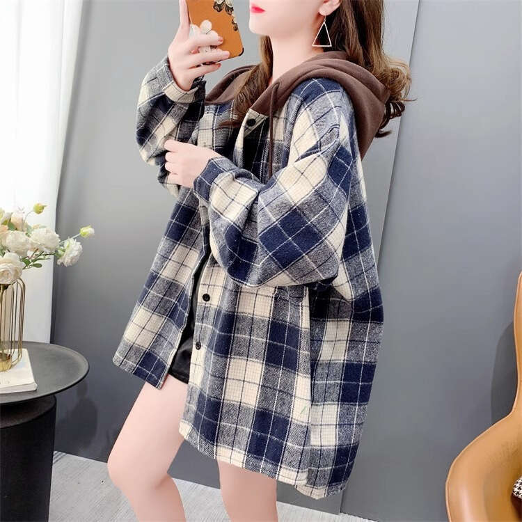 Autumn Winter New Thickened Brushed Plaid Shirt Loose Lazy Style Mid-Length Coat For Women B5