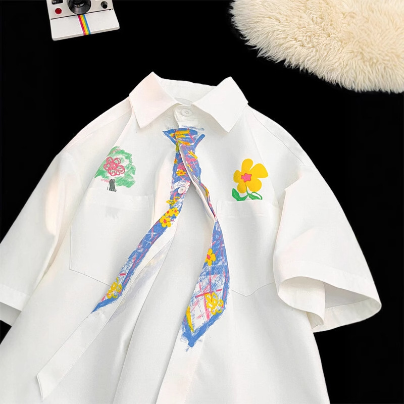 Crayon Hand-painted Tie Short Sleeve Shirt Men Summer College Style Printed T-shirt Designer Short Sleeves Loose Plus Size Fun Graffiti Shirt