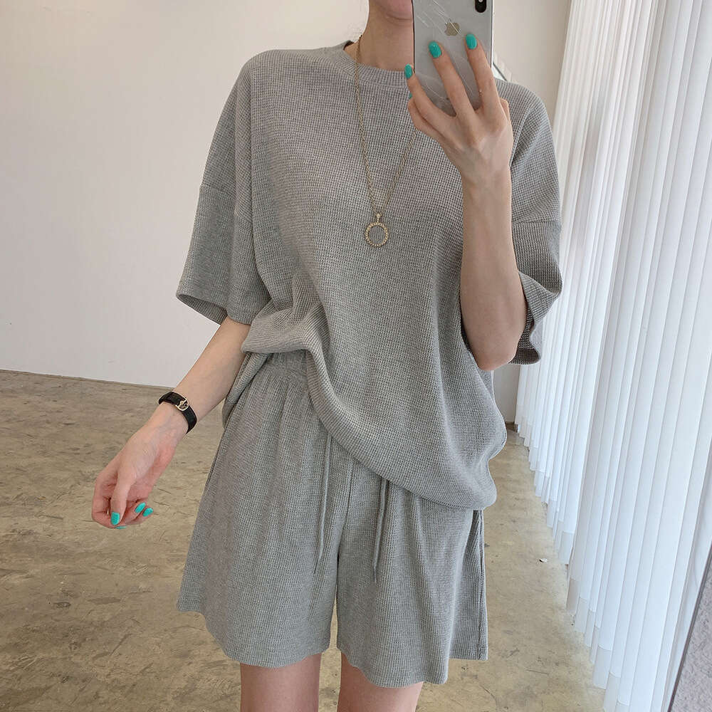 Korean Chic Summer Simple Round Neck Short Sleeve T-Shirt Set For Women High Waist Loose Wide Leg Casual Shorts Trendy B5