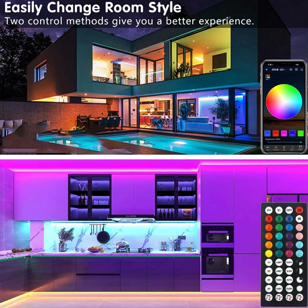 30M/20M LED Strip Lights Music Sync Color Changing RGB with Remote App Control LED Lights for Room Home Kitchen Decor Party W250701