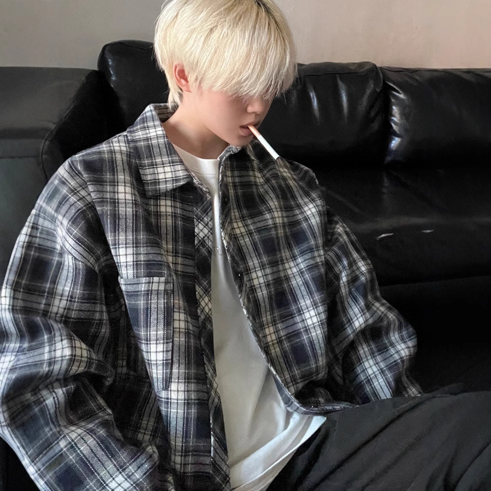Navy Blue Long Sleeve Plaid Shirt Designer Short Sleeves Men Spring Autumn 2025 New Loose Fit Handsome Casual Turn-down Collar Shirt Jacket