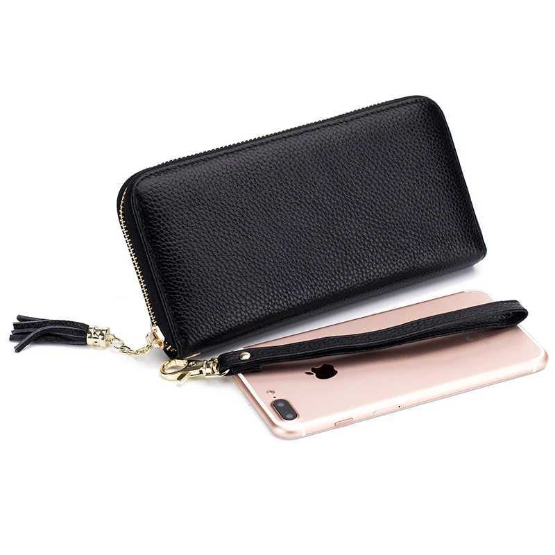 Genuine Leather Wen Solid LG Wallets Ladies Tassel Design Cluh Fem Phe Mey Bag Coin Zipper Purse RFID Card Holder Y250707