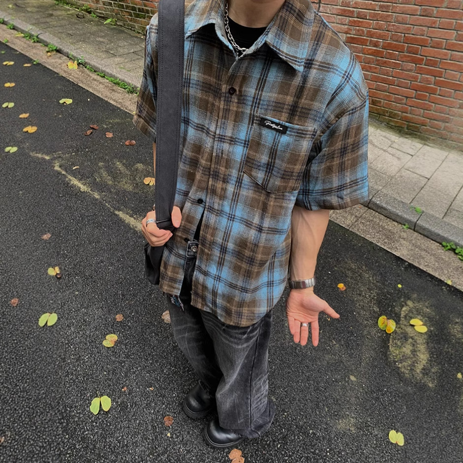Factory Direct Supply American Retro Plaid Designer Short Sleeves Short Sleeve Shirt For Men Summer Thin Lazy Style Loose Couple Shirt Jacket