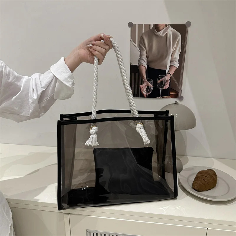 2pcs/set Clear PVC Casual Tote Bags For Women Waterproof Transparent Travel Beach Shoulder Bag For Outdoor Summer Handbags 250714