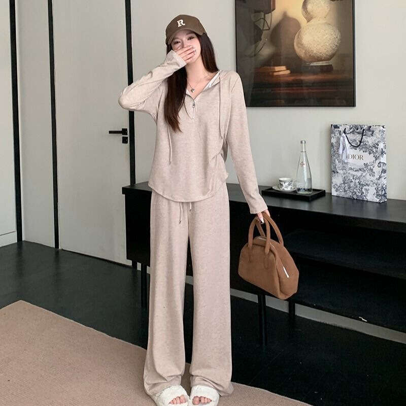 Lazy Hooded Sweatshirt For Women Autumn Winter Plus Size Casual Slimming Korean Style Wide Leg Pants Two-Piece Set B5