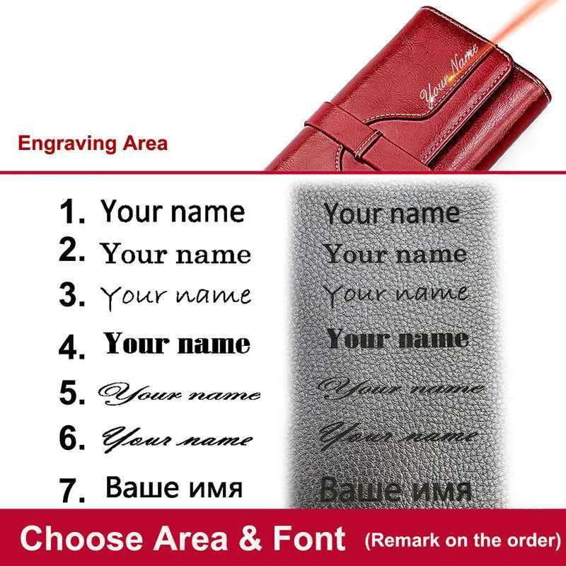 New RFID Genuine Leather Wen LG Wallets Name Engraving Card Holder Fem Wallet Phe Bag Coin Pocket Zipper Wen Purse Y250707