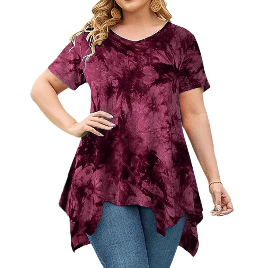 Designer Fashion Trend Free Shiing 2025 Euroean and American Amazon Cross-Border Plus Size Fashion Women's Tie-Dye V-Neck Irregular Hem Loose Sho