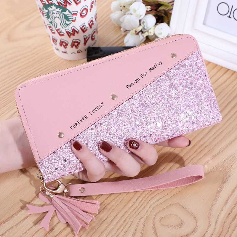 Fi Wens Pu Leather Large Wallets Sequins Patchwork Glitter Wallet Coin Purse Fem Wallets Girls Gifts Wholesale Y250707
