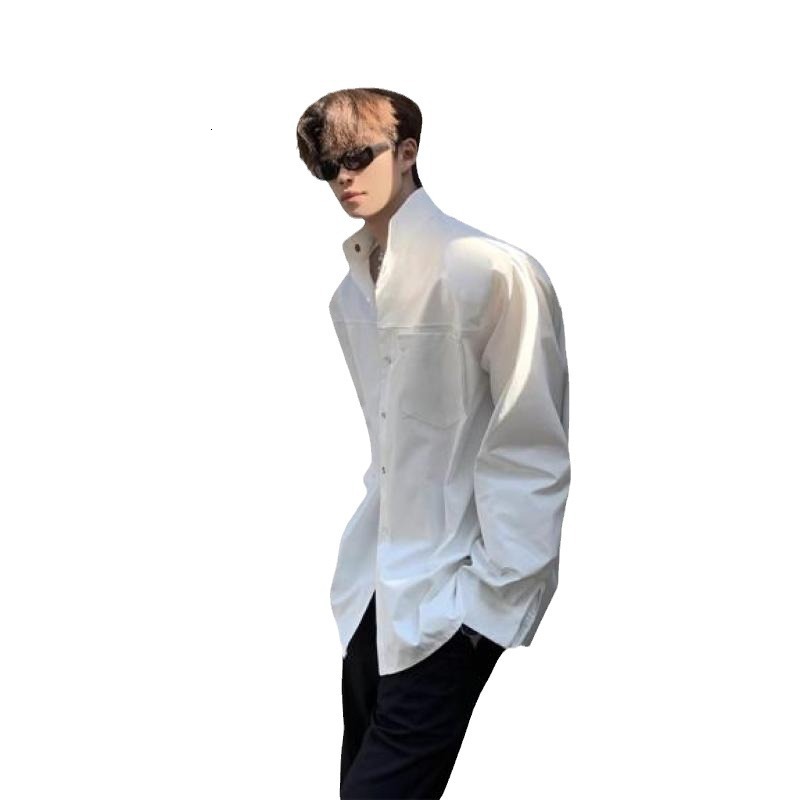 Unique Design Shoulder Pad Shirt For Men, High-end Style, Cool And Handsome, Loose Fit, Stand Designer Short Sleeves Collar, Oversized Casual Long Sle
