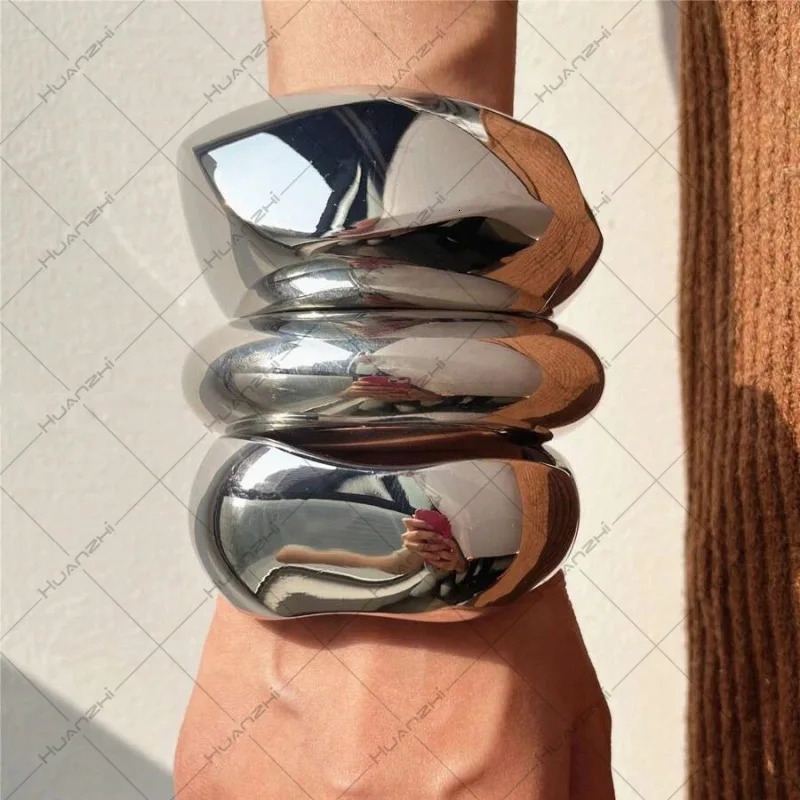 Exaggerated Silver Color Wide Geometric Irregular Cuff Bangle Punk Spring Open Bangle Bracelets Chunky Statement Jewelry 250701