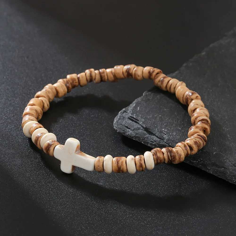 Bohemian Coconut Shell Wood Chips Cross Bracelet For Men Retro Handmade Beaded Jewelry Fashion Accessories Gifts XJ250707