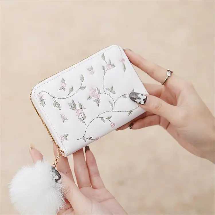 flower Embroidered Wen Short Wallet Zipper Chinese Style Purse Ladies Small Cluh Card Holder Pu Leather Fem Coin Purse Y250707