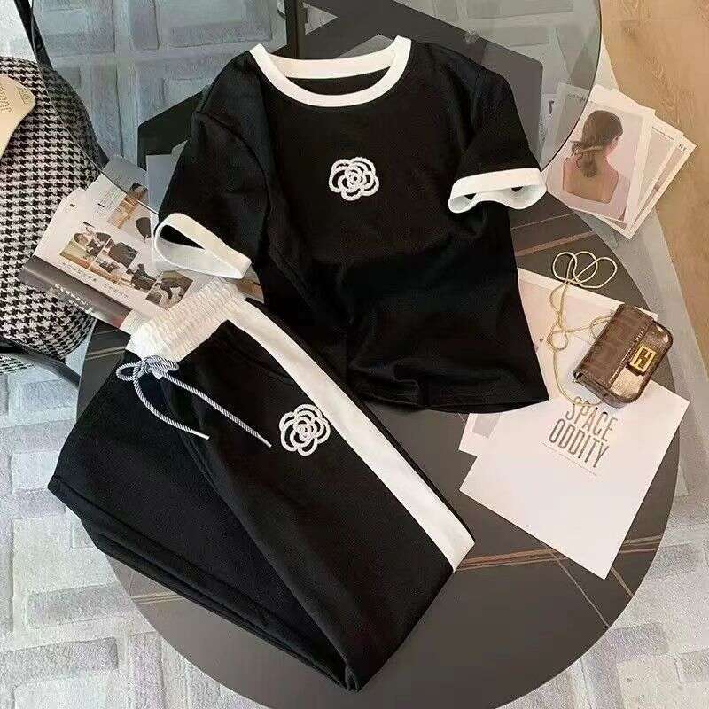High-End Casual Sports Suit For Women, Summer Thin Street Fashionable Trendy Youthful Wide-Leg Pants Fashion Two-Piece Set B5
